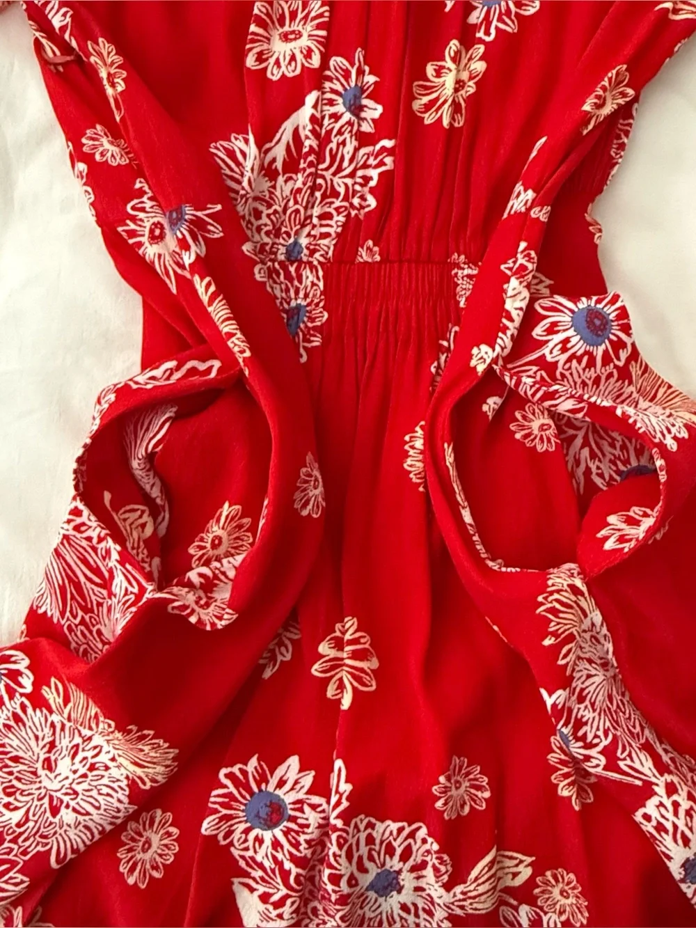 Free People Blue Hawaii Red Floral Surfer Mini Shirt Dress V-Neck Size Small